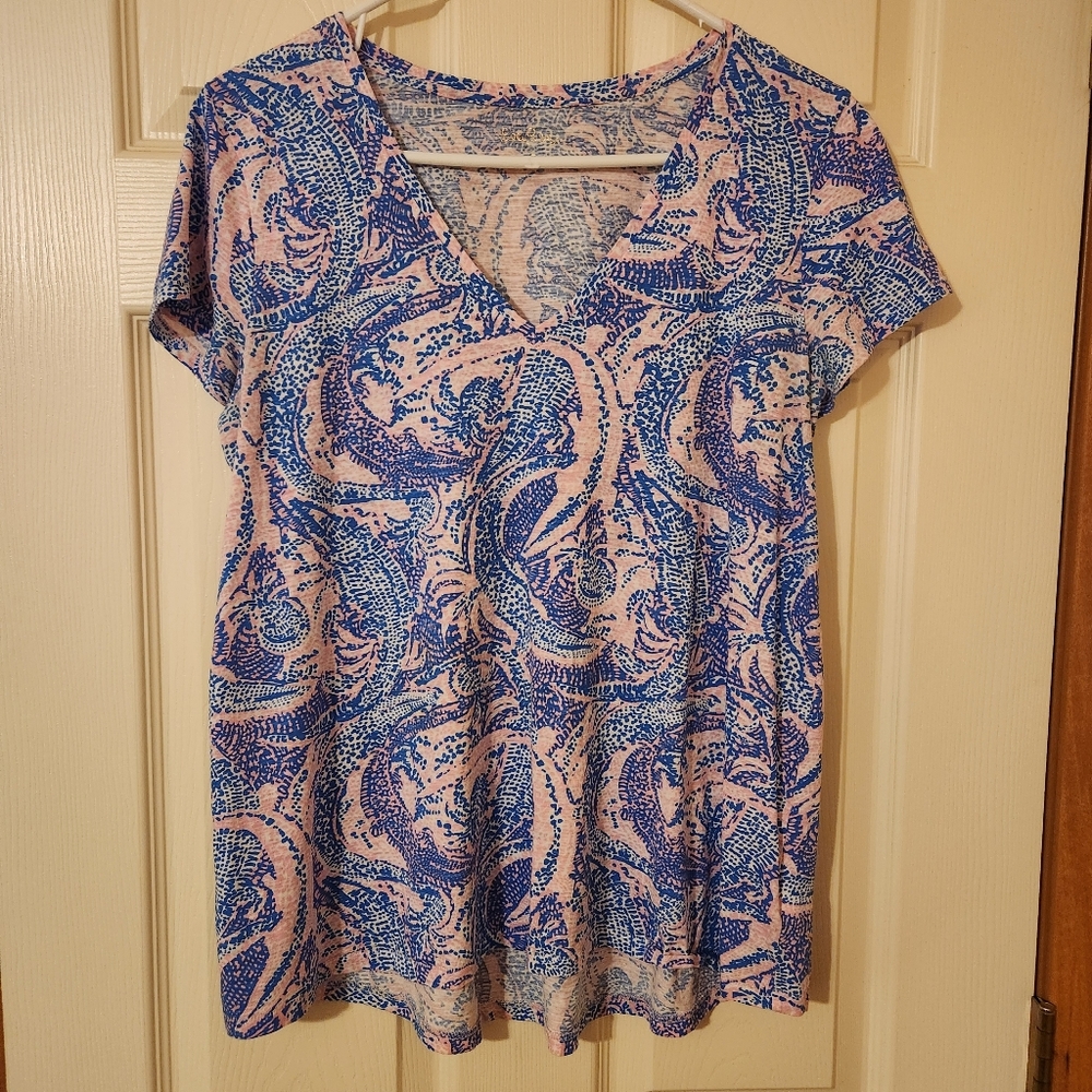 Lilly Pulitzer 100% Cotton Short Sleeve Tee Etta Top Maybe Gator Size Large